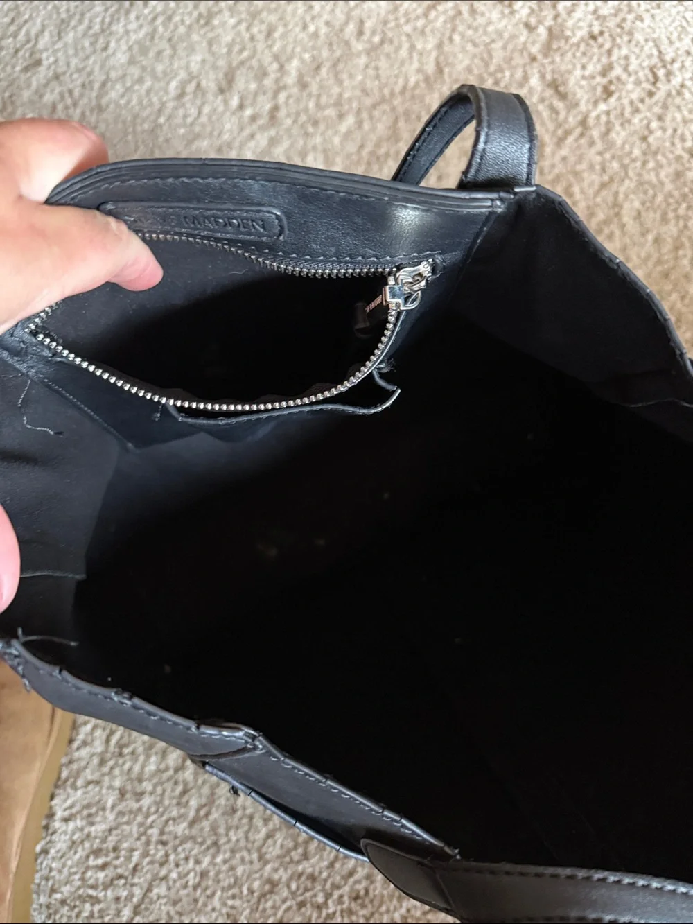 Steve Madden Black Leather Tote with Gold Corner Accents